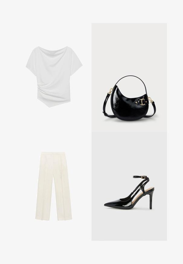 Hvid kortærmet top med off-shoulder design, der har en draperet tekstur og indsnævret detalje på den ene side. Glat stof.; Bredbenede bukser i en lys cremefarve. Fremstillet af et glat stof med plisseringer foran og sidelommer.; Sorte laklæder højhælede slingback-sko med spids tå, justerbar ankelrem og åben sider. Glat tekstur.; Sort patenteret lædertaske med en buet form, justerbar rem og detaljer i guldtonet metal på siden. Glat, skinnende overflade.