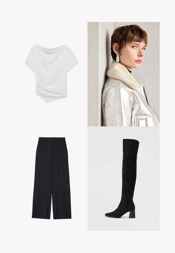 Top branco de mangas curtas com um design à mostra dos ombros, apresentando uma textura drapeada e detalhe franzido de um lado. Tecido suave.; Calças largas de tecido azul marinho escuro, com uma textura suave, pregas frontais e ilhoses decorativos em tom dourado nos bolsos laterais.; Bota de camurça preta até ao joelho com salto bloco, bico fino e design suave e sem costuras sobre um fundo claro.; Jaqueta de couro metálica prateada com colarinho de peles, apresentando um fecho em zip e uma superfície texturizada. Brincos grandes em forma de gota com pedras preciosas transparentes.
