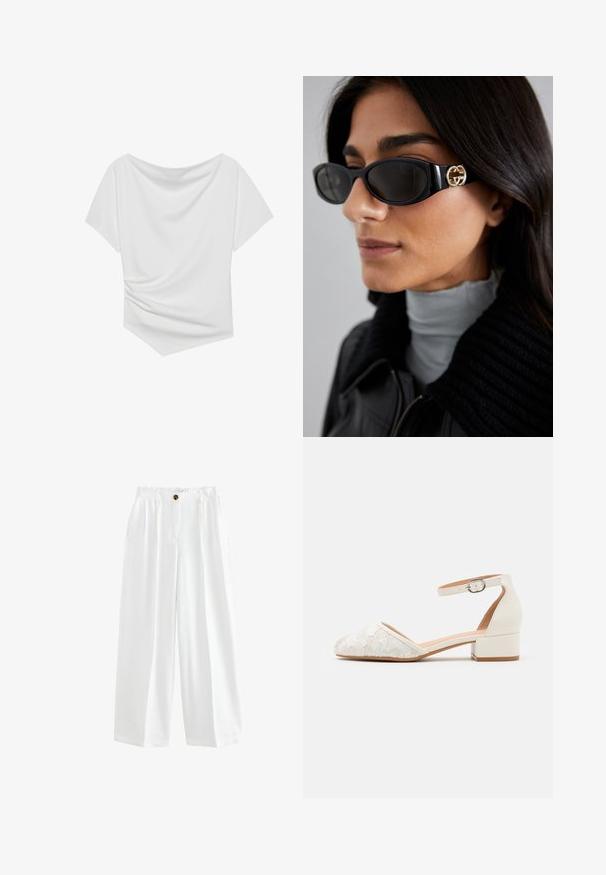 Top bianco a maniche corte con design off-the-shoulder, caratterizzato da una texture drappeggiata e un dettaglio arricciato su un lato. Tessuto morbido.; Pantaloni bianchi a gamba larga realizzati in tessuto leggero. Presentano una chiusura con bottone, due tasche laterali e una vestibilità comoda.; Scarpa bianca con cinturino alla caviglia in pizzo, con tacco basso e spesso e design a punta. Fodera interna liscia, parte superiore in pizzo texturizzato e dettaglio della fibbia.; Occhiali da sole neri con una montatura rettangolare elegante e un accento del logo dorato sul lato. Le lenti scure e la finitura lucida sono evidenti.