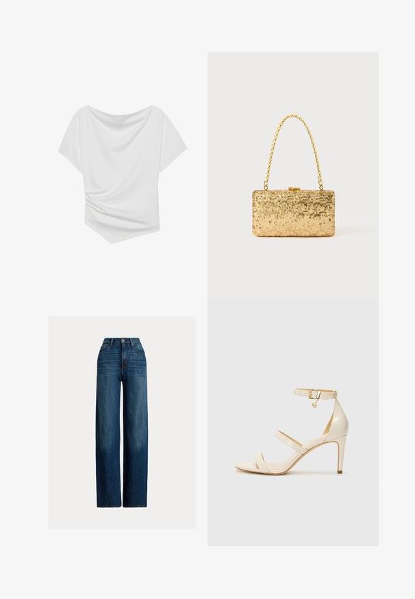 Valge lühikeste varrukatega pluus, millel on õlast alla ulatuv disain, koos volditud tekstuuri ja ühe külje kokkutõmmatava detailiga. Sile kangas.; Avarii jalgadega teksad tumedas sinises värvitoonis. Omab kõrget vöökohta, nööbiga sulgemist ja klassikalist viit taskut. Sile tekstuur kergete plekkidega.; Bežid kõrge kontsaga sandaalid koos õhukese pahkluu rihmaga ja kahe ülemise rihmaga. Läikiv lakkviimistlus ja kuldne detail pahkluurihmadel.; Kullatud kaunistustega kott ristküliku kujuga, millel on keeratud ahelast käepide ja metallist lukuga sulgur, peegeldades valgust tekstuurse viimistlusega.