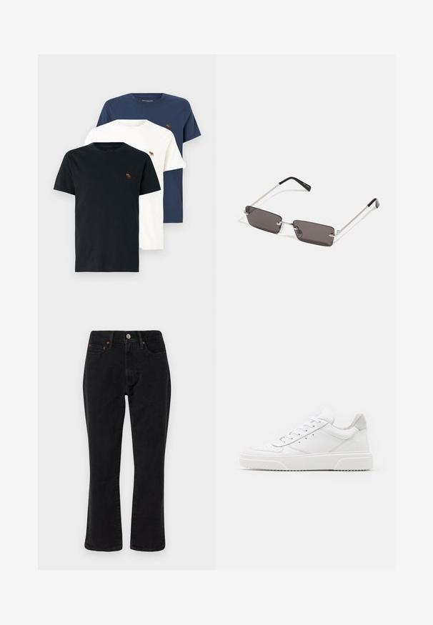 Abercrombie & Fitch 3-Pack Polished Signature Icon Tees - Tricou basic - casual black/mood indigo/white sand; Jeans din denim negru cu un design drept al piciorului, stil cu cinci buzunare și accesorii metalice cu accente de cupru. Textură netedă și talie medie.; Adidași din piele albă cu un finisaj neted, vârf rotunjit, șireturi plate și o talpă texturată. Accente din piele întoarsă gri la călcâi.; Ochelari de soare cu lentile dreptunghiulare, gri închis, rame din metal argintiu și vârfuri din plastic negru pe brațe. Design ușor, cu pad-uri pentru nas.