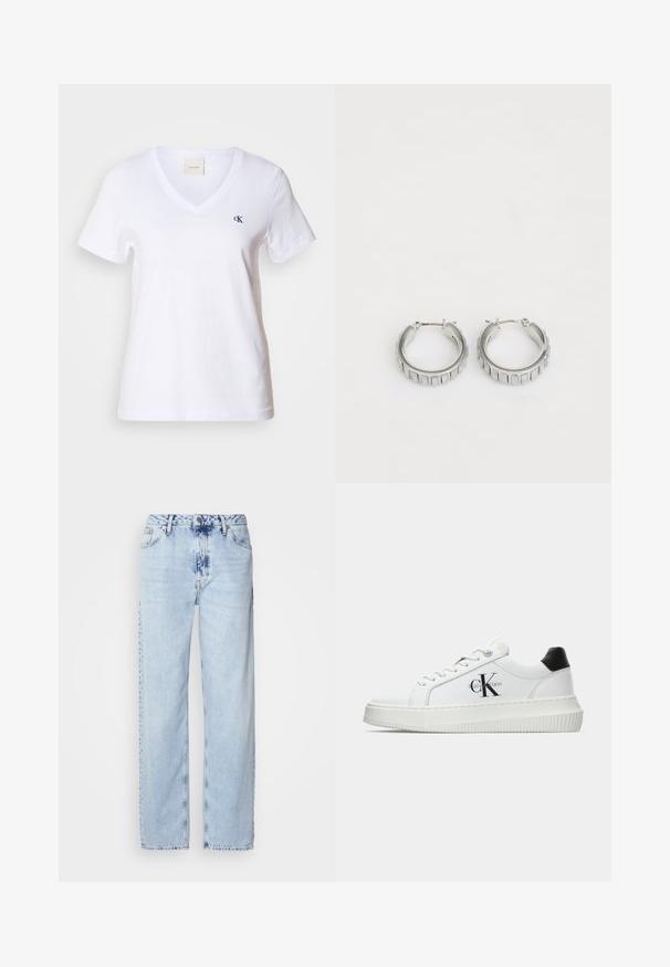 T-shirt bianco in cotone a maniche corte con scollo a V e un piccolo logo nero "CK" nell'area del petto sinistro. Texture liscia e design classico.; Jeans a gamba larga di un blu chiaro, realizzati in denim, con vita alta, lavaggio sbiadito e un sottile motivo tie-dye sulla parte anteriore.; Sneaker bassa bianca con tassello nero sul tallone, suola a piattaforma, lacci e logo "CK" di Calvin Klein sul lato.; Orecchini a cerchio in argento con un design testurizzato caratterizzato da scanalature verticali. Forma circolare con una chiusura a scatto sicura. Finitura liscia.