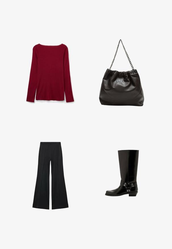 Maglietta bordeaux a maniche lunghe con scollatura rotonda, texture morbida e vestibilità ampia. Senza cuciture visibili o decorazioni.; Pantaloni neri a gamba larga con una texture liscia, caratterizzati da pieghe frontali e un design sartoriale. Il tessuto è leggero e fluido.; Stivale in gomma nera al ginocchio con finitura lucida, dotato di una fascia decorativa e dettagli in metallo. Tacco basso e leggermente inclinato.; Borsa in pelle marrone con parte superiore arricciata e tracolla a catena. Texture liscia con finitura lucida e dettagli di cucitura sottili sui lati.