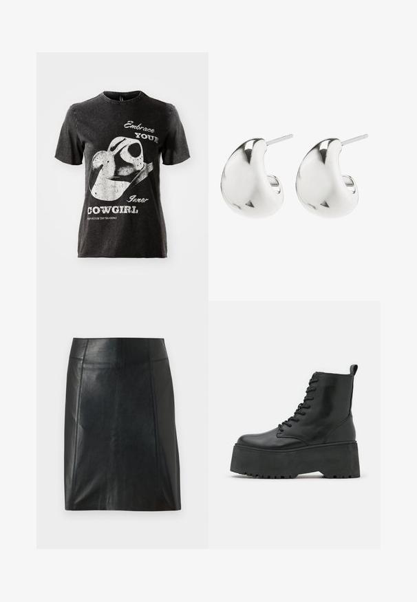 Black cotton t-shirt with short sleeves, featuring a graphic of a cowboy hat and text in white. Raw edge neckline and distressed texture.; Black leather skirt with a fitted design. Smooth texture, seams outlining shape, and a straight hem. Minimalistic and sleek appearance.; Black ankle boots with a chunky platform sole, made of smooth leather, featuring a lace-up design and a pull tab at the back.; Silver stud earrings with a smooth, curved design. They feature a polished finish and a post backing for secure wear.
