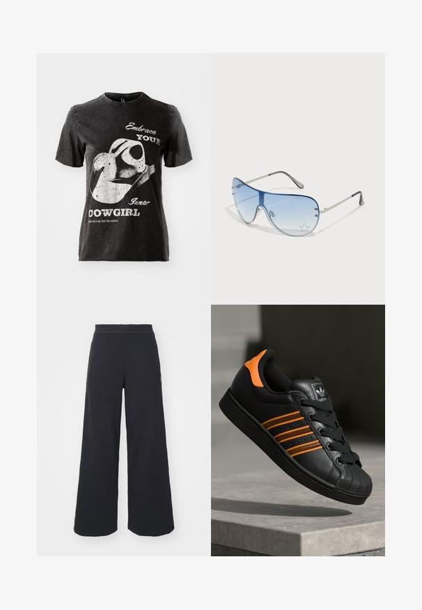 Juodas medvilninis marškinėliai su trumpomis rankovėmis, kuriuose yra grafika su šiaudine skrybėle ir balta tekstu. Negyvai supjaustytas kaklo iškirpimas ir nusidėvėjusi tekstūra.; Juoda plačių kojų sportinė kelnė, pagaminta iš minkštos medžiagos, su elastinga juosmens juosta ir mažu logotipu kairėje pusėje.; Juodas sportinis batelis su oranžiniais akcentais, trimis horizontaliomis juostelėmis, tekstūruota odinė viršutinė dalis, guminiu nosių dangteliu ir juodomis raišteliais.; Aviatoriai akiniai su gradientiniais mėlynais objektyvais, sidabriniu metaliniu rėmu ir dekoratyvinėmis žvaigždžių akcentais ant objektyvų. Lygaus ir stilingo dizaino.