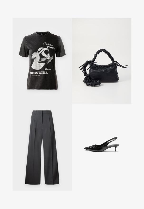 Black cotton t-shirt with short sleeves, featuring a graphic of a cowboy hat and text in white. Raw edge neckline and distressed texture.; Wide-leg trousers in dark gray fabric, featuring a high waist, single pleats, and a smooth texture with a clean finish at the hems.; Black leather slingback heels with a pointed toe, small kitten heel, and a decorative knot detail on the front. Smooth texture throughout.; Black faux leather handbag with a crocodile texture, cinched top, and a scrunched strap. Appears soft and compact in design.