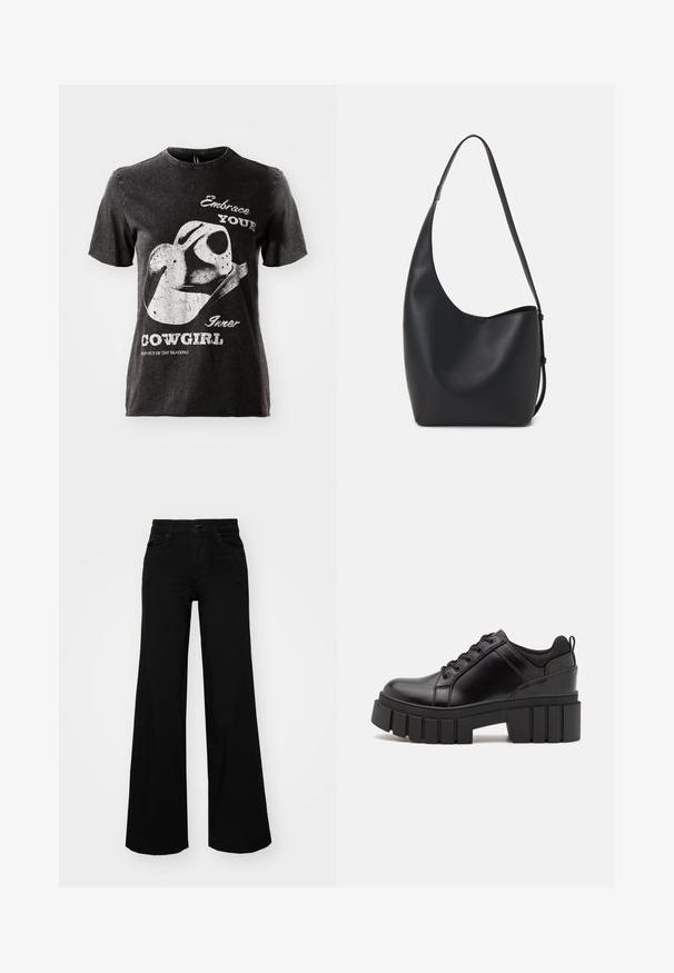 Black cotton t-shirt with short sleeves, featuring a graphic of a cowboy hat and text in white. Raw edge neckline and distressed texture.; Black wide-leg pants made of denim, featuring a structured waistband, belt loops, and front pockets. Smooth texture with a classic design.; Black leather platform shoes with a chunky block heel, round toe, and traditional lace-up design. Features smooth texture and minimal detailing.; Black leather hobo bag with a smooth texture, curved shape, and single adjustable strap; features a wide opening at the top.