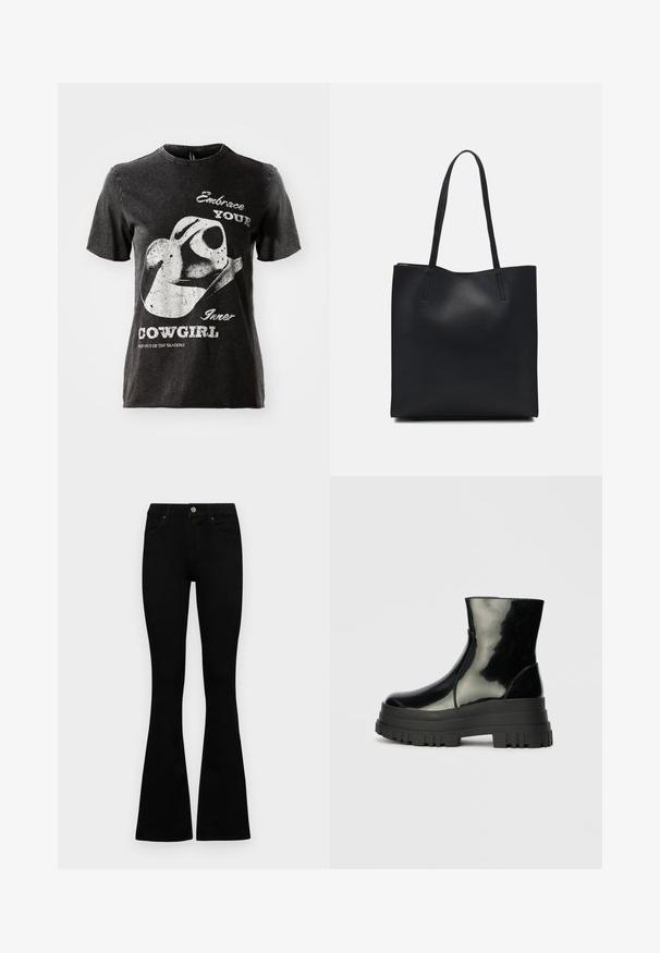 Svart bomull t-skjorte med korte ermer, med et grafisk motiv av en cowboyhatt og tekst i hvitt. Uferdig kantlinje og slitt tekstur.; Sorte høytlivsjeans med knapp og glidelås, frontlommer og utsvingte bein liggende flatt på en hvit bakgrunn.; Svart, blank ankelstøvel med tykk såle og rund tå, sett fra siden på en enkel, lys grå bakgrunn.; Svart lær tote bag med glatt tekstur, rektangulær form og to lange håndtak. Ingen synlige deler eller dekorasjoner.