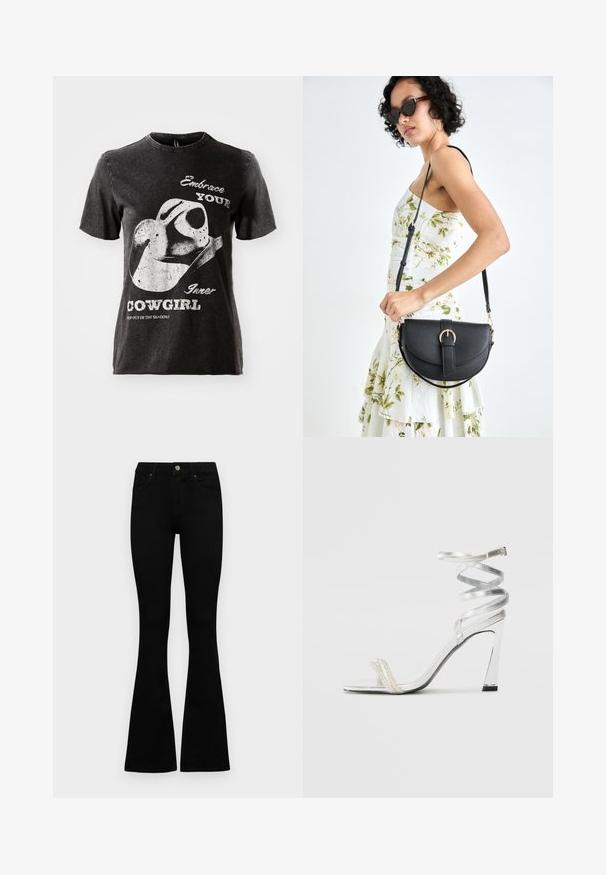 Black cotton t-shirt with short sleeves, featuring a graphic of a cowboy hat and text in white. Raw edge neckline and distressed texture.; Black high-waist jeans with a button and zip closure, front pockets, and flared legs laid flat on a white background.; Silver high-heeled sandal with a shiny strap design, featuring a pearl-like accent and a spiraled ankle strap for secure fit.; Black leather handbag with a curved shape, detachable strap, and gold hardware. The bag features a flap with a buckle detail.