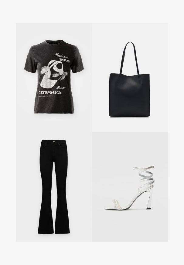 Svart bomull t-skjorte med korte ermer, med et grafisk motiv av en cowboyhatt og tekst i hvitt. Uferdig kantlinje og slitt tekstur.; Sorte høytlivsjeans med knapp og glidelås, frontlommer og utsvingte bein liggende flatt på en hvit bakgrunn.; Sølv høyhælte sandaler med et glitrende stroppdesign, som har en perle-lignende akcent og en spiralformet ankelstropp for sikker passform.; Svart lær tote bag med glatt tekstur, rektangulær form og to lange håndtak. Ingen synlige deler eller dekorasjoner.