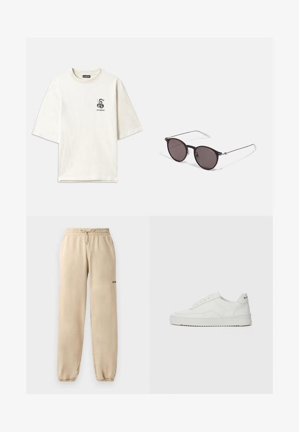 Krémové oversized tričko vyrobené z bavlny. Má krátké rukávy a malou černou grafiku hada na levém hrudi.; Béžové tepláky s elastickým pasem a šňůrkou, s manžetami na lemu a minimálním brandingem na boku. Hladká textura.; Bílé kožené tenisky s hladkým povrchem, kulatou špičkou, plochými tkaničkami a texturovanou podrážkou. Na patě se nachází nenápadné logo.; Černé kulaté sluneční brýle s tmavými skly a tenkými kovovými nohami. Obsahují průhledné koncovky nožiček a stříbrné akcenty na pantu. Minimalistický design.