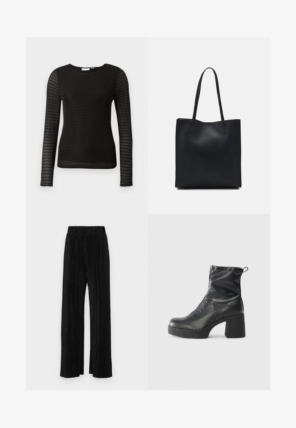 Fekete, hosszú ujjú felső, texturált anyagból, rácsos mintával. Kerek nyakkivágással és testhez simuló fazonnal rendelkezik.; Fekete pliszírozott nadrág gumis derekkal. Széles lábakkal rendelkezik, sima, texturált anyagból készült, függőleges csíkokkal.; Fekete bokacsizmák sima bőrből, oldalsó cipzárral, vastag, texturált sarkú és lekerekített orrú dizájnnal.; Fekete bőrtáska sima felszínnel, téglalap alakú, két hosszú füllel. Nincs látható fémkiegészítő vagy díszítés.