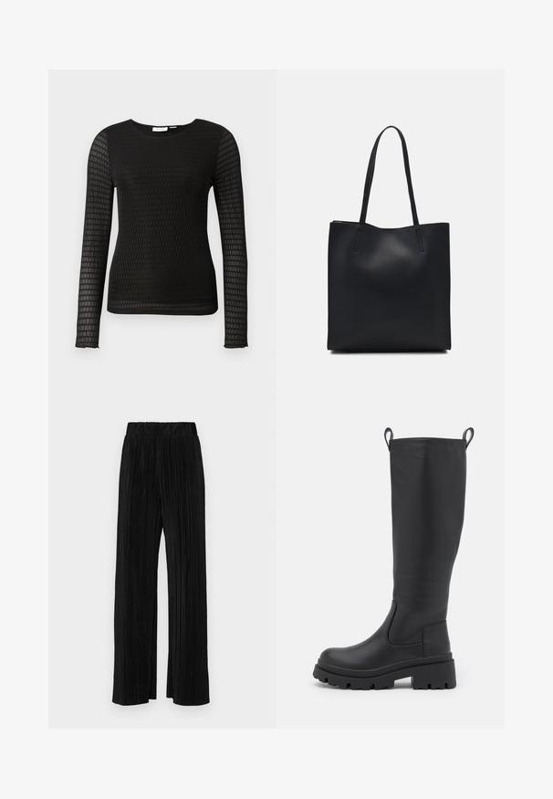 Svart långärmad topp i strukturerad tyg med rutmönster. Har rund halsringning och åtsittande silhuett.; Svarta plisserade byxor med resårmidja. Har vida ben och ett mjukt, texturerat material med vertikala ränder.; Svart knähög stövel i slät läder med en kraftig sula och lätt klack. Har dragflikar och elastiska sidopanels för bekväm påtagning.; Svart lädertoffelväska med slät textur, rektangulär form och två långa handtag. Ingen synlig hårdvara eller dekorationer.