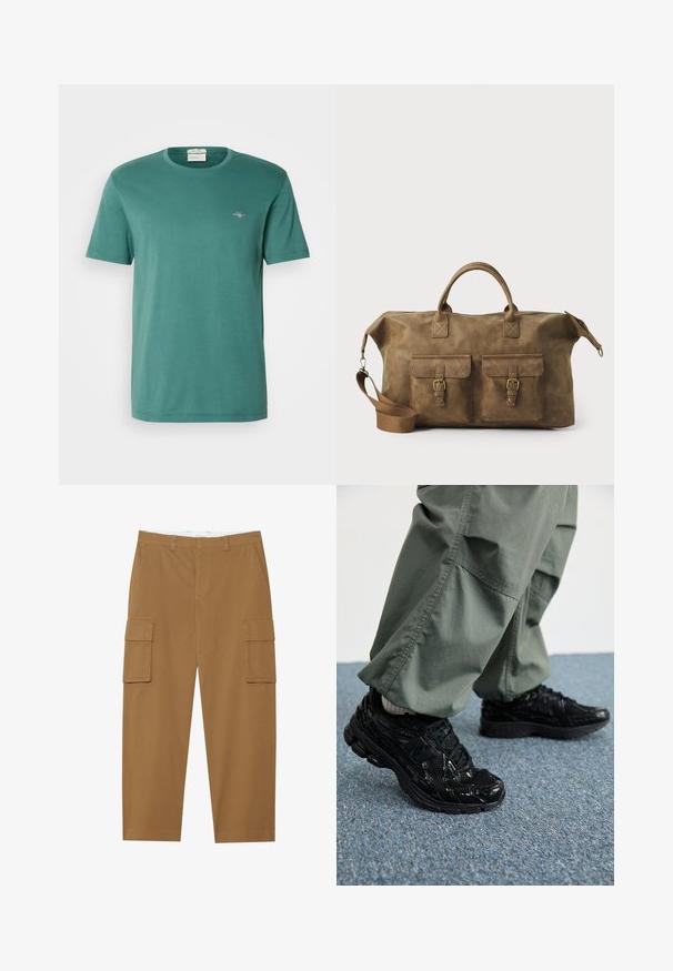 T-shirt in cotone verde con scollo rotondo e maniche corte. Caratterizzato da un piccolo logo ricamato sul petto. Tessuto morbido, vestibilità casual.; Pantaloni cargo marroni con due tasche laterali, fronte piatto e taglio dritto. Realizzati in un tessuto durevole con una texture liscia.; Sneaker atletici neri con texture lucida e in rete, dotati di una suola spessa e lacci, abbinati a pantaloni cargo larghi verde oliva.; Borsa da viaggio in pelle marrone con due tasche frontali, tracolla regolabile, hardware dorato e manici superiori robusti. Texture liscia.
