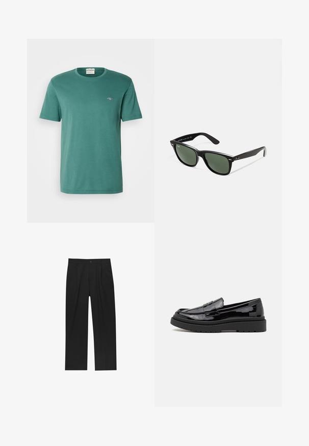 Zelené bavlněné tričko s kulatým výstřihem a krátkými rukávy. Obsahuje malé vyšívané logo na hrudi. Hladká textura, volný střih.; Černé kalhoty s rovnými nohavicemi, vyrobené z hladké tkaniny. Mají přední záhyby a jedno knoflíkové zapínání v pase.; Černé lakované kožené loafers s kulatou špičkou, zdobnou páskou a silnou černou gumovou podrážkou. Hladký lesklý povrch s minimem švů.; Černé plastové sluneční brýle se zelenými skly, čtvercové obroučky, stříbrný detail na obočí a texturované stranice. Značka uvedená na vnitřní straně stranic.