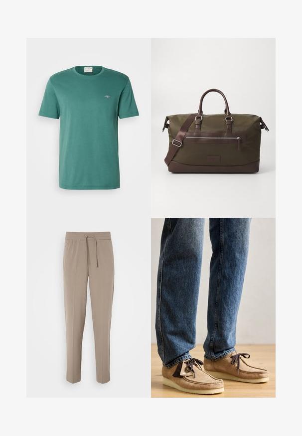 Green cotton t-shirt with a round neck and short sleeves. Features a small embroidered logo on the chest. Smooth texture, casual fit.; Light beige trousers with an elastic waistband, adjustable drawstring, and tapered legs. Fabric appears smooth with a slight sheen.; Suede moccasins in tan with dark brown accent, rounded toe, and plush white sole. Features lace-up design and stitched detailing.; Canvas duffel bag in olive green with brown leather accents, featuring dual handles, a detachable shoulder strap, and a front zipper pocket.