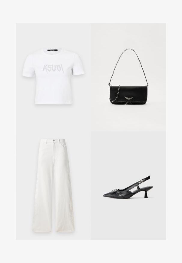 Valge lühikeste varrukatega puuvillane T-särk, mille ees on hõbedast nupukesedega logo kujundus. Lihtne ümar kaelus ja mugav lõige.; Valged laiad teksad, mis on valmistatud denimist ja millel on külgedel brodüüri mustrid ning traditsiooniline viie tasku disain. Kinnitus lukuga ja nööpidega.; Must must have must toote tõmblukuga, dekoratiivsed rihmad metallist silmadega ja madal blokk-kand. Tekstureeritud pind.; Mustvalge nahk käekott hõbedase ahelsanga ja dekoratiivsete tiivaaktsentidega, samuti valgete õmblustega alumises ühenduses.