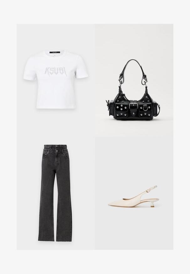 White short-sleeve t-shirt made of cotton, featuring a studded logo design in silver on the front. Simple crew neck and relaxed fit.; Black high-waisted jeans feature a straight leg design, subtle distressed detailing, and metal button hardware at the waist.; Cream-colored pointed-toe slingback shoe with low kitten heel and gold buckle on plain white background.; Black leather handbag with a curved design, featuring silver studs, a buckle, and two side pockets. Adjustable strap for carrying options.
