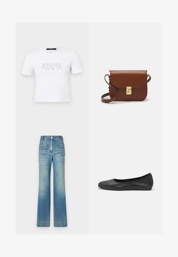 Bílý tričko s krátkým rukávem vyrobené z bavlny, s ozdobným logem ve stříbrné barvě na přední straně. Jednoduchý kulatý výstřih a uvolněný střih.; Světle modré džíny s rozšířenými nohavicemi, pěti kapsami, poutky na opasek, zapínáním na knoflík a mírně vybledlou texturou, s červeným logem na zadní straně.; Černé kožené baletní byty s kulatou špičkou, hladkou texturou, minimálními švy a flexibilním designem podrážky.; Hnědá kožená kabelka s klopou, zlatými kovovými detaily, ramenním popruhem a hladkým povrchem. Kompaktní obdélníkový tvar.