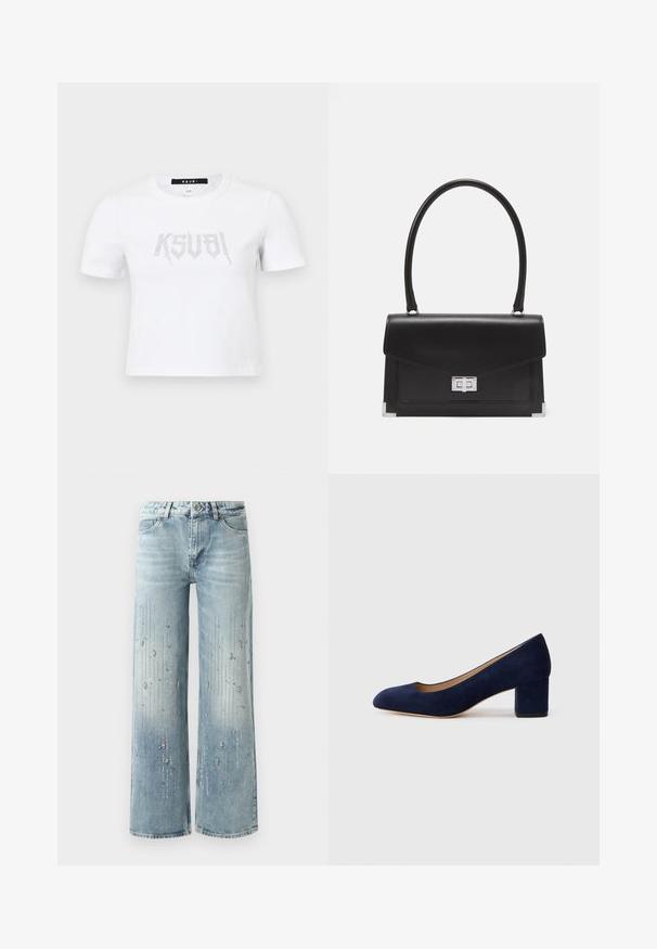 White short-sleeve t-shirt made of cotton, featuring a studded logo design in silver on the front. Simple crew neck and relaxed fit.; Light blue wide-leg jeans made of denim, featuring a gradient color effect and embellishments of silver rhinestones in a vertical pattern.; Navy blue suede pump with a pointed toe and a mid-height block heel. Smooth texture with a subtle sheen and a small cutout at the front.; Black leather handbag with a structured design, a top handle, and a silver clasp. Features corner accents and smooth texture.