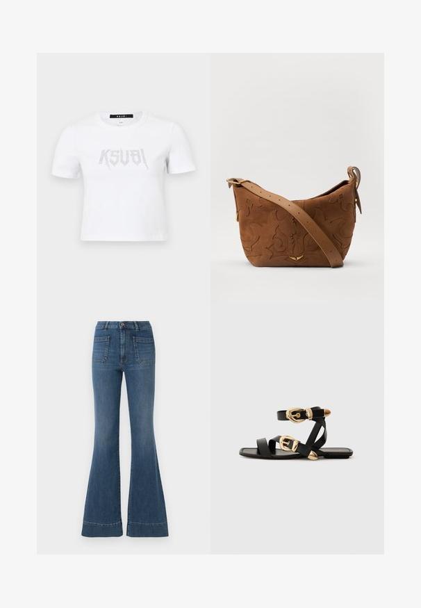 White short-sleeve t-shirt made of cotton, featuring a studded logo design in silver on the front. Simple crew neck and relaxed fit.; Flared blue jeans in a medium wash, featuring a high waist, five pockets, and slight fading around the knees and thighs.; Black leather sandals with gold buckle accents, featuring multiple straps and a flat sole design for open-toe wear.; Brown suede shoulder bag with embossed floral design, complemented by a smooth brown leather strap and gold-tone hardware accent.