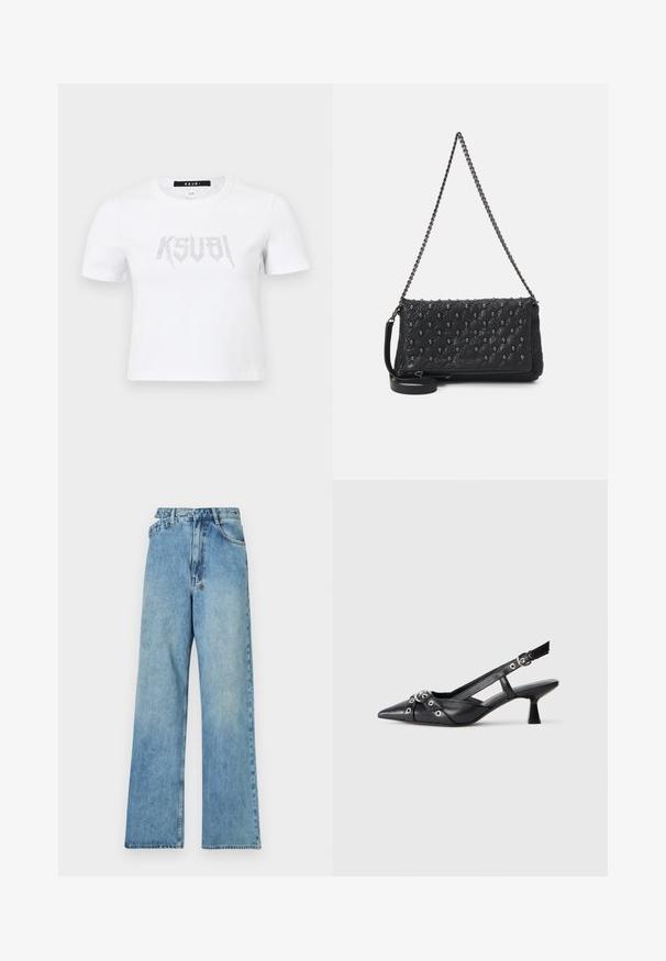 Valge lühikeste varrukatega puuvillane T-särk, mille ees on hõbedast nupukesedega logo kujundus. Lihtne ümar kaelus ja mugav lõige.; Heledad sinine teksapüksid, laia jalaga, keskelt kõrgema taljega, viie tasku ja nööbiga suletud, metallosadega ning kulunud välimusega.; Must must have must toote tõmblukuga, dekoratiivsed rihmad metallist silmadega ja madal blokk-kand. Tekstureeritud pind.; Must mustriga nahkrahakott ketistriapi ja luustikute aksessuaaridega, mis sisaldab tõmblukku. Tekstureeritud pind läikiva viimistlusega.