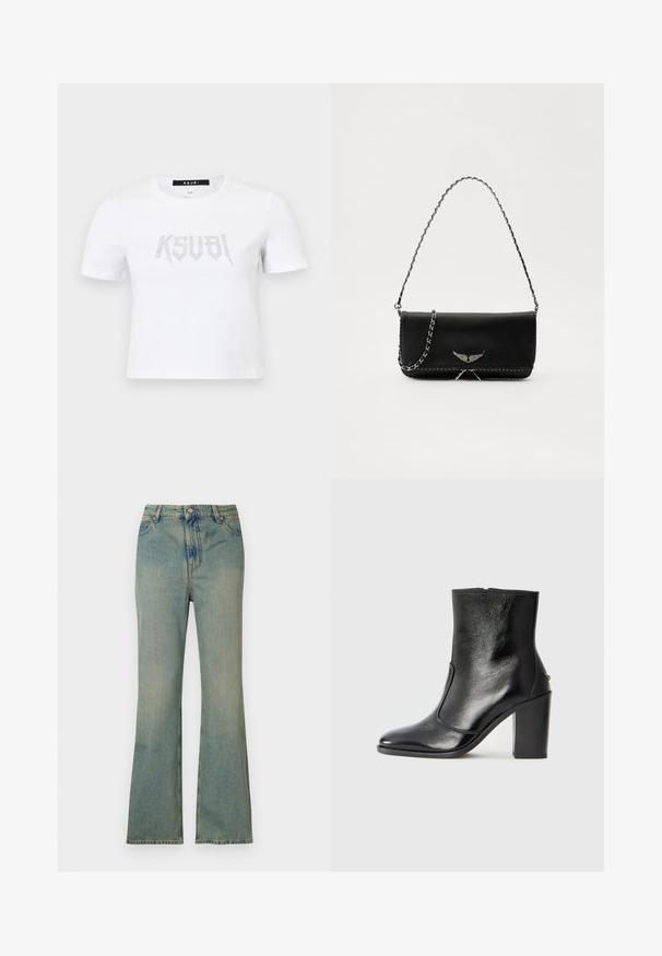 Bela kratka majica s kratkimi rokavi iz bombaža, ki ima na sprednji strani obliko logotipa s srebrnimi kamenčki. Preprosto krojen kroj s sproščenim fitom.; Svijetloplave traper hlače s proširenim nogavicama i visokim strukom, pet džepova i patentnim zatvaračem. Čist, izbjeljeni izgled s suptilnim detaljima šivanja.; Črne usnjene gležnarske čevlje z gladko teksturo, koničastim nosom in debelim visokim petam. Imajo stransko odprtino in minimalističen dizajn.; Črna usnjena torbica s srebrnim verižnim ročajem, ki ima okrasne krilate poudarke in belo šivanje ob spodnjem šivu.
