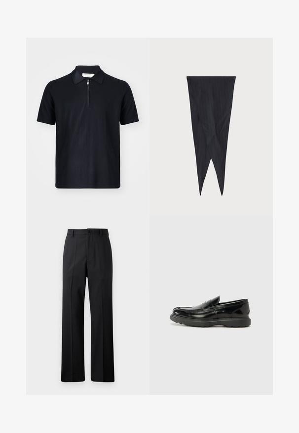 Mornarska polo majica s kratkimi rokavi, izdelana iz mehkega blaga, z ovratnikom na zadrgo in čistimi linijami. Brez vidnih logotipov ali vzorcev.; Črne hlače ravnega kroja z zankami za pas, sprednjim gumbom in zadrgo, prikazane na enotnem belem ozadju.; Črne usnjene loafer čevlje z sijajno obdelavo, okroglo špico, subtilnimi šivi in debelim gumijastim podplatom za trajnost.; Tkanina morsko modrih prug, zategnjen dizajn, podolgovata oblika s koničastimi konci, gladka tekstura z vertikalnimi črtami, brez vidne opreme.