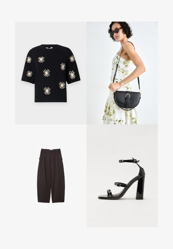 Sort strikket kortærmet sweater med broderede cremede blomster mønstre jævnt fordelt over forsiden og ribbet halsudskæring og kant.; Sorte brede bukser lavet af et glat stof, med høj talje, forfaldne folder og sidelommer. Simpelt design uden udsmykninger.; Sorte laklædersandaler med høje hæle, to spænderemme, firkantet tå og en kraftig blokhæl, der har en glat, blank overflade.; Sort læderhåndtaske med en buet form, aftagelig rem og guldfinish. Tasken har en klap med en spænde detalje.