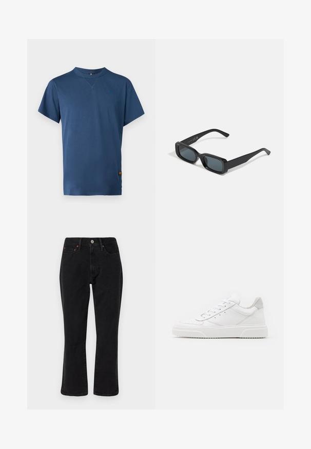 Μπλε βαμβακερό t-shirt με κοντά μανίκια, κοφτό λαιμό και χωρίς ραφές στους ώμους. Διαθέτει ένα μικρό λογότυπο στο στήθος και μια ετικέτα στο στρίφωμα.; Μαύρα τζιν παντελόνια με κανονική γραμμή, στυλ πέντε τσέπων και μεταλλική διακόσμηση με χαλκό. Λεπτή υφή και μεσαίο ύψος.; Λευκά δερμάτινα αθλητικά παπούτσια με απλή επιφάνεια, στρογγυλή μύτη, επίπεδα κορδόνια και ανάγλυφη σόλα. Γκρι σουέτ λεπτομέρεια στη φτέρνα.; Μαύρα ορθογώνια γυαλιά ηλίου με σκουρόχρωμους φακούς. Γυαλιστερό σκελετό, ίσιες βραχίονες με ελαφριά καμπύλη. Μινιμαλιστικός σχεδιασμός, χωρίς διακοσμητικά στοιχεία.
