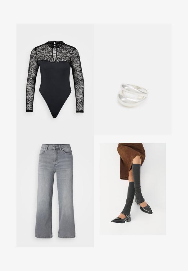 Musta bodysuit, jossa on pitsinen korkea kaulus ja pitkät hihat. Sujuva kangas vyötärön alapuolella, leikattu string-malliseksi. Avainaukko selkäpuolella.; Vaaleanharmaat farkkuhauskat leveät lahkeet, korkealla vyötäröllä, viisi taskua sekä perinteinen vetskari- ja nappisulku. Pehmeä rakenne, jossa on pieniä haalistumia.; Musta lakattu nahkakengät teräväkärkisillä, leveällä kantapäällä ja nilkkahihnalla, yhdistettynä harmaisiin ribattuihin säärystimiin ja ruskeaan mokkasiinimekkoon.; Hopeinen kaksinkertainen rengas, jossa on sileä, kiillotettu pinta. Siinä on sulava, kaareva muotoilu, jossa on päällekkäisiä osia modernin ilmeen saavuttamiseksi.