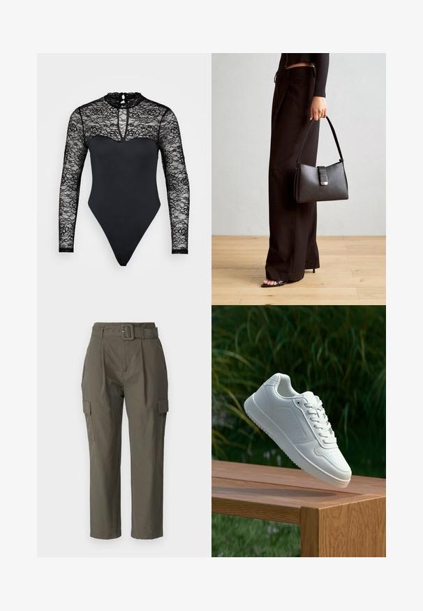 Svart bodysuit med en spets höghalspåverkan och långa ärmar. Slät tyg under midjan, skuren i ett tanga-stil. Nyckelhålsdetalj bak.; Cargo byxor i olivgrön, tillverkade av lättviktsmaterial. Funktioner inkluderar midja med bälte, framveck och sidofickor med klaffstängning.; Vita sneakers med en slät syntetisk ovandel, perforerat tåparti, platta snören och en strukturerad sula, placerade på en träyta.; Svart handväska med strukturerad form, slät yta och metallspänne. Matchad med vida svarta byxor och sandaler med öppen tå på trägolv.