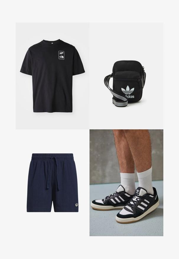 Black cotton t-shirt with short sleeves, round neckline, featuring a white graphic logo in a rectangular frame on the left chest area.; Navy blue athletic shorts with an elastic waistband and drawstring. Textured, breathable fabric with a small white logo on the lower hem.; Black and white sneakers with a suede and leather upper, featuring three white stripes, a perforated toe, and a gum rubber sole.; Black fabric crossbody bag with a zipper closure, featuring a white Adidas logo and a striped adjustable strap for easy carrying.