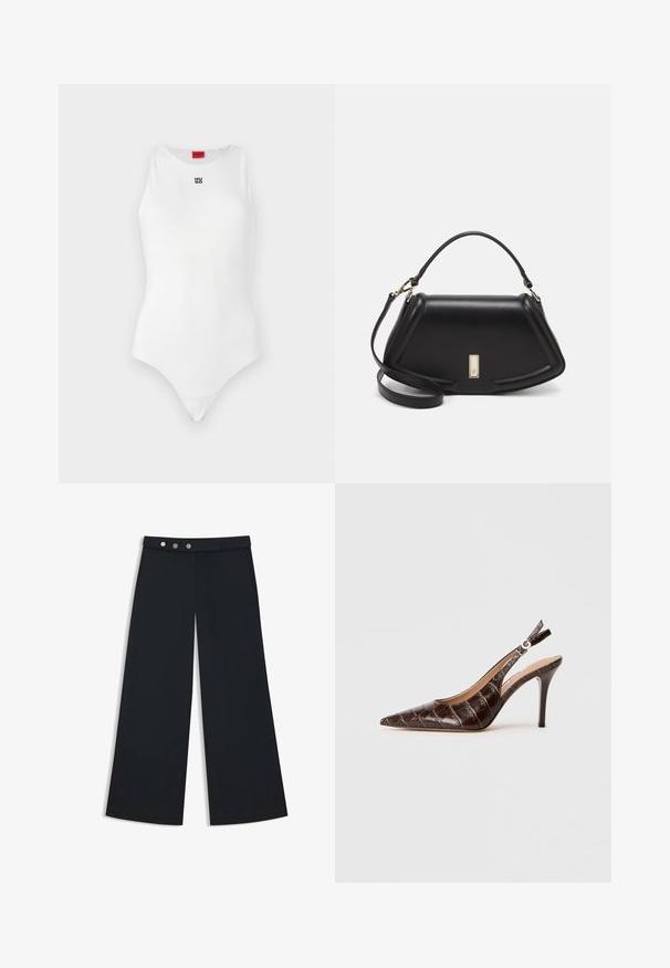Body bianco con design senza maniche, scollatura rotonda e logo "HUGO" nero minimalista sulla parte anteriore. Tessuto liscio e forma aderente.; Pantaloni neri a gamba larga con una texture liscia, dotati di una vita piatta, chiusura a doppio bottone e tasche laterali.; Slingback pump in pelle marrone con effetto coccodrillo, punta appuntita, lati aperti e tacco alto sottile. Progettato con regolazione a fibbia.; Borsa a mano in pelle nera con un design strutturato, caratterizzata da una forma corta, manico superiore e accessori in metallo dorato. Inclusa tracolla regolabile.