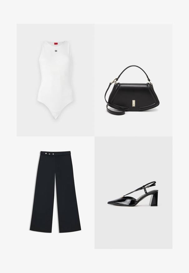 Witte bodysuit met mouwloos ontwerp, ronde halslijn en minimaal zwart "HUGO" logo aan de voorkant. Gladde textuur en aansluitende pasvorm.; Zwarte wijde broek met een gladde textuur, voorzien van een platte tailleband, een dubbele knopen sluiting en zijzakken.; Zwarte gepatineerde lederen slingback hakschoenen met een spitse neus, verstelbare band en stevige rechthoekige hak.; Zwarte leren handtas met een gestructureerd ontwerp, featuring een verkorte vorm, bovenhandvat en gouden hardwareaccent. Inclusief verstelbare schouderband.