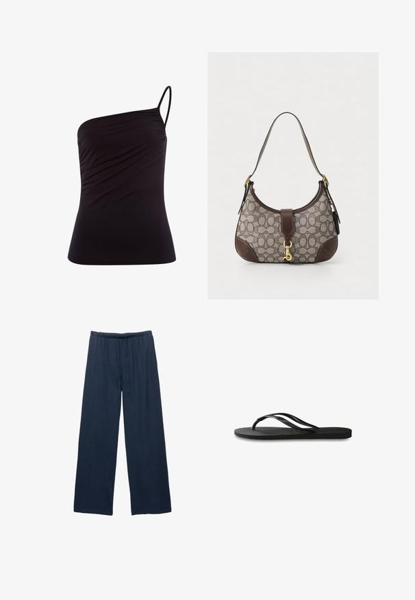 Černý top na jedno rameno vyrobený z měkké, elastické tkaniny s přiléhavým střihem a na straně s nařasením. Součástí je tenký nastavitelný ramínko.; Námořnické široké kalhoty vyrobené z měkké tkaniny, s elastickým pasem a šňůrkou pro nastavitelné uchycení.; Černé žabky s texturovanou gumovou podrážkou, dvěma štíhlými popruhy a jemným, embosovaným logem na popruhu.; COACH HAMPTONS HOBO BAG IN SIGNATURE JACQUARD - Kabelka - oak maple