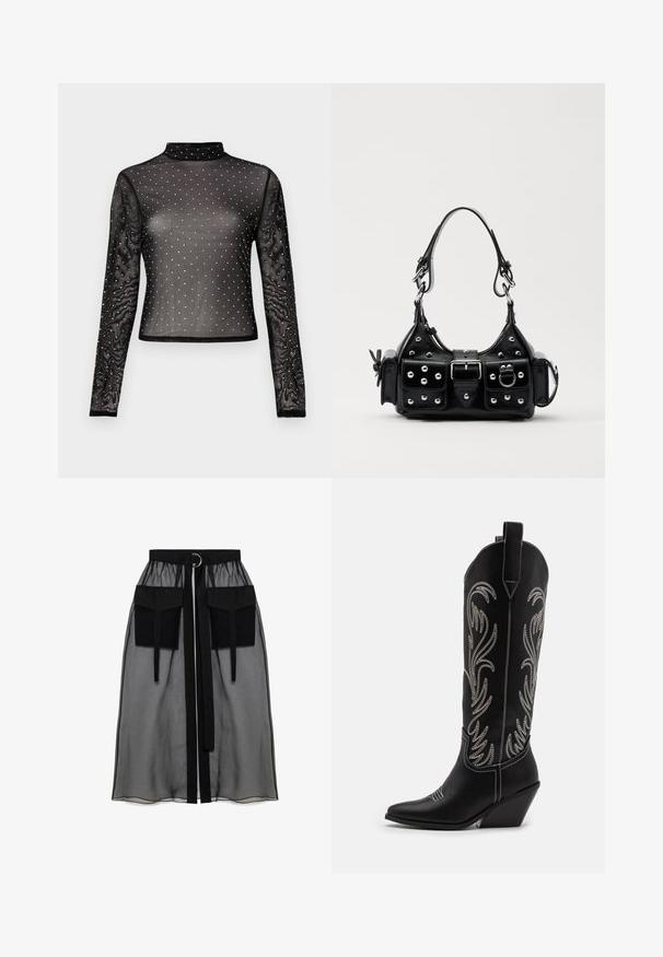 Svart långärmad topp i genomskinligt tyg med mockaturtleneck och prydd med flerfärgade paljetter i ett prickigt mönster.; Svart genomskinlig kjol med en rynkad midja, utrustad med två stora framfickor, ett midjesnöre och en cirkulär metallaccent.; Svarta lädercowboystövlar med spetsiga tår, kilklackar och silverbroderade blommönster längs skaftet. Kontraststickning genom hela stöveln.; Svart läderhandväska med en kurvad design, prydd med silverfärgade nitar, ett spänne och två sidofickor. Justerbar rem för olika bäralternativ.