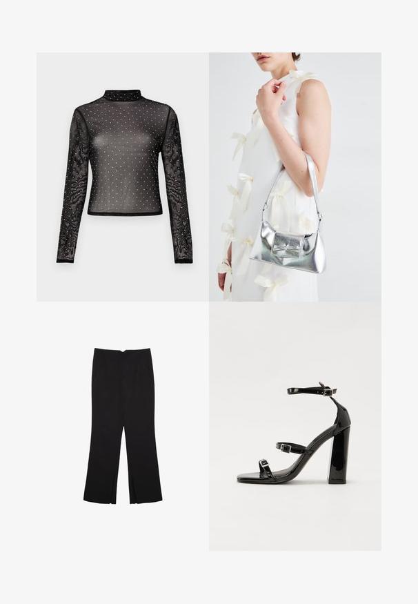 Top nero a maniche lunghe in tessuto trasparente con collo alto finto e decorato con paillettes multicolore disposte a pois.; Pantaloni neri a gamba dritta, con tasche frontali e spacchi laterali all'orlo. Realizzati in tessuto morbido e liscio. Adatti a diverse occasioni.; Sandali con tacco in vernice nera, con punta squadrata, cinturini alla caviglia e fibbie in argento. Presentano un tacco a blocco spesso per maggiore stabilità.; Borsa a mano metallica argento con forma strutturata, dotata di manico superiore e dettaglio a fiocco sulla parte frontale. Texture liscia e finitura riflettente.