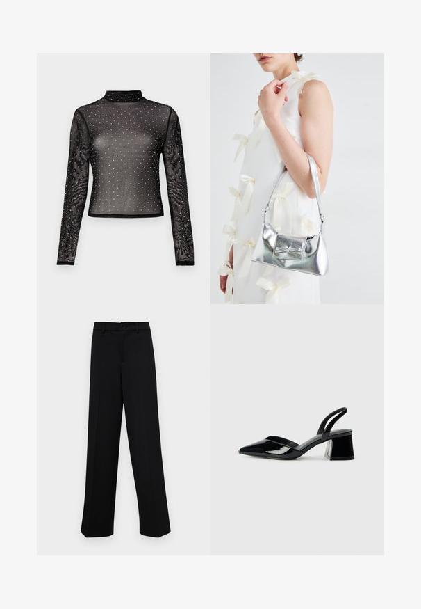 Schwarzes langärmliges Oberteil aus transparenter Stoff mit einem hohen Stehkragen und verziert mit mehrfarbigen Pailletten in einem gepunkteten Muster.; Schwarze, weit geschnittene Hosen aus glattem Stoff, mit einem klassischen Taillenbund und einem Knopfverschluss sowie vorderen Falten.; Schwarze Lackleder-Slingback-High Heels mit spitzem Schuh und einem geometrischen Blockabsatz. Verfügt über ein schlankes, minimalistisches Design und eine glatte Textur.; Silberne metallische Handtasche mit strukturierter Form, ausgestattet mit einem oberen Griff und einer Schleifenapplikation auf der Vorderseite. Glatte Textur, reflektierendes Finish.