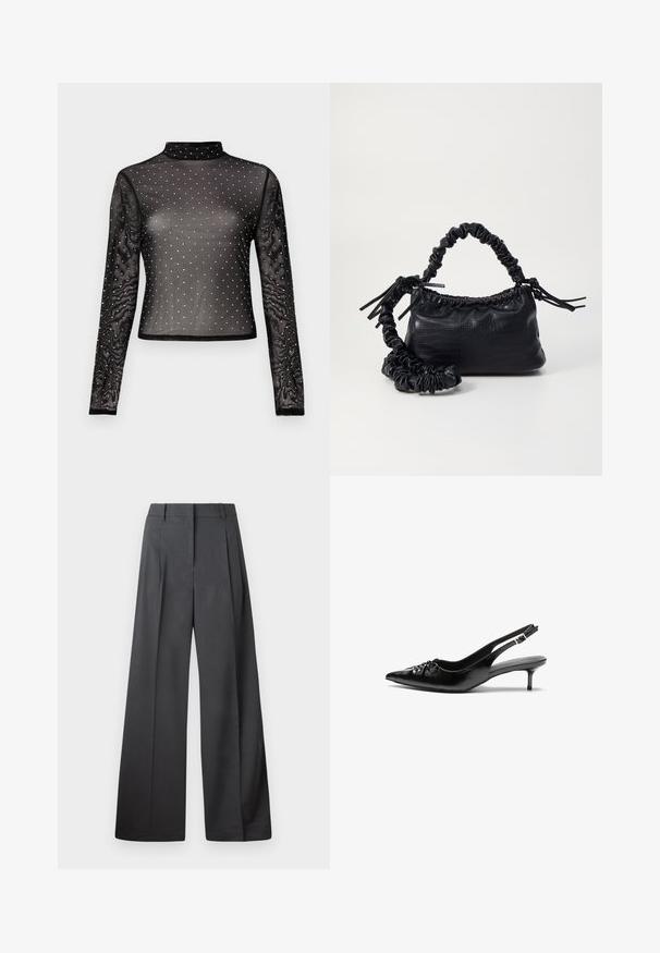 Svart langermet topp laget av gjennomsiktig stoff med en høy hals og dekorert med flerfargede paljetter i et prikkete mønster.; Vide bukser i mørkegrått stoff med høy livlinje, enkel press, og en glatt tekstur med en ren finish på ermekantene.; Sorte skinnert remsandaler med spiss tå, liten kittenhæl og en dekorativ knute detalj foran. Glatt tekstur gjennom hele.; Svart faux skinn-håndveske med krokodilletekstur, strammet topp og en rynket stropp. Ser myk og kompakt ut i designen.