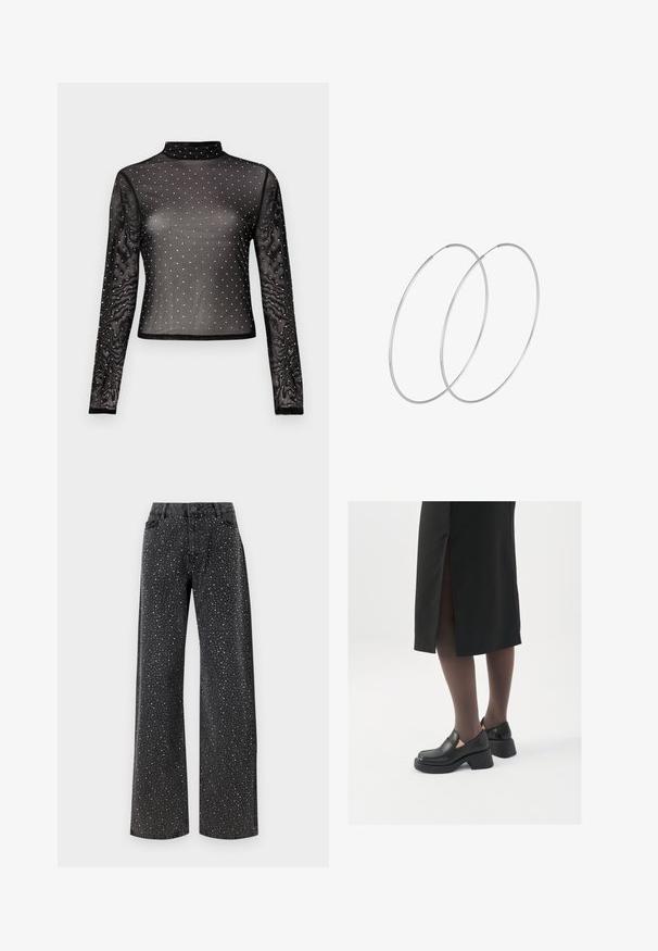 Mustast läbipaistvast kangast pikkade varrukatega pluus, millel on kõrge kaelus ja mis on kaetud mitmevärviliste litritega täpilises mustris.; Noisy May NMJANNEL LOOSE - Avar lõikega teksad - black denim; Mustad mustad jalatsid ümmarguse varbaga, paksu plokkniidi ja elastsete külgdetailidega, kombineeritud tumedate sukkade ja musta lõhikuga seelikuga.; Hõbedased rõngastikkaehingad minimalistlikus disainis. Ümar kuju, sile tekstuur ja õhuke profiil. Kerged ning poleeritud viimistlusega.