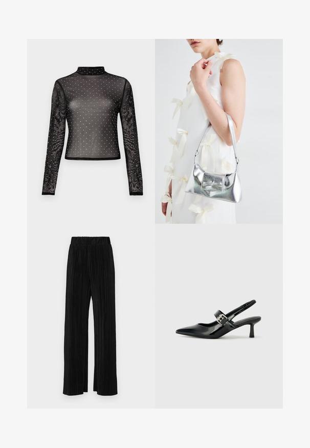 Haut noir à manches longues en tissu transparent avec un col montant et orné de sequins multicolores disposés en motif de points.; Pantalons plissés noirs avec une taille élastique. Présente des jambes larges et un tissu lisse texturé avec des rayures verticales.; Escarpins slingback en cuir verni noir avec un bout pointu et un petit talon bloc, mettant en avant un accent en boucle argentée sur la sangle.; Sac à main métallisé argenté au design structuré, avec une poignée supérieure et un détail en nœud sur le devant. Texture lisse, fini réfléchissant.