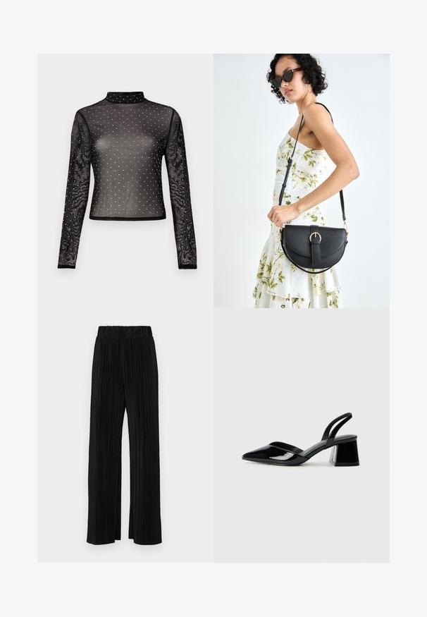 Črna majica z dolgimi rokavi iz prosojne tkanine z visokim ovratnikom in okrašena z večbarvnimi sequini v pikčastem vzorcu.; Črne plisirane hlače z elastičnim pasom. Imajo široke noge in gladko, teksturirano tkanino z navpičnimi črtami.; Črne lakirane slingback pete s koničastim nosom in geometrijsko blokasto peto. Imajo eleganten, minimalističen dizajn in gladko teksturo.; Črna usnjena torbica s ukrivljeno obliko, z odstranljivo naramnico in zlatimi dodatki. Torbica ima pokrov s podrobnostmi v obliki zaponke.