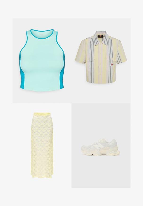 A fitted sports tank top in light aqua with darker aqua side panels. Made from stretchy fabric with a smooth texture and round neckline.; Cropped short-sleeve shirt in light yellow with vertical green and pastel stripes. Features two chest pockets and a logo patch on the left pocket.; Yellow lace maxi skirt with a wavy pattern, featuring a smooth waistband and soft, sheer texture. Designed for a flowy silhouette.; Lightweight sneaker featuring a mesh and suede upper in soft cream tones, with a chunky sole and three-dimensional accents.