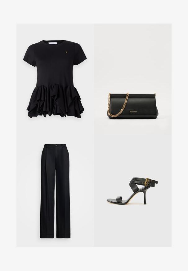 Viktor&Rolf TUCK UP - Print T-shirt - black; Black wide-leg trousers featuring a smooth finish, flat front, belt loops, and a single button closure at the waist.; Black heeled sandal with crossed straps and adjustable buckle. Features a smooth texture and tapered stiletto heel.; Black leather clutch bag with a gold chain strap, featuring a smooth texture, rectangular shape, and embossed branding on the front.