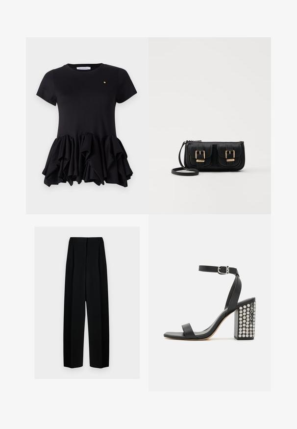 Viktor&Rolf TUCK UP - T-shirts print - black; Sorte vide benbukser med høj talje, der har læg og en glat tekstur. Stoffet virker let og falder elegant.; Sorte læderhælede sandaler med ankelrem. Har en firkantet tå, glat tekstur og firkantet blokhæle prydet med sølvnitter.; Sort læder crossbody taske med to frontlommer, guldspænder, lynlåslukning og en slank rem. Struktureret overflade og kompakt rektangulær form.