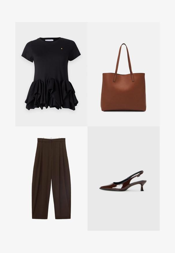 Viktor&Rolf TUCK UP - Print T-shirt - black; Brown high-waisted trousers with pleats, made of smooth fabric. Loose fit, straight leg design, featuring belt loops and a zip fly.; Brown patent leather slingback shoe with a pointed toe and a moderate heel. Features a buckle strap for secure fit. Smooth texture.; Brown leather tote bag with a smooth texture, open top design, and two shoulder straps. Features minimal stitching and no visible hardware.