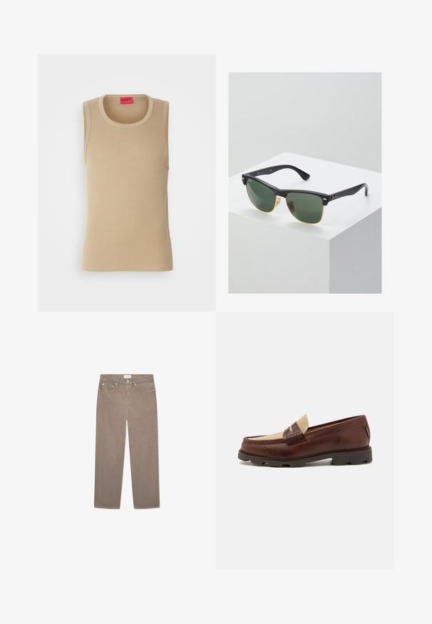 Beige rippkangast singel, millel on ümmargune kaelus ja väike, reljeefne "HUGO" logo ees. Ilma varrukateta.; Pruunid sirged teksad, millel on viie tasku disain, metallosad ja sile tekstuur. Kangas omab peent, ühtlast mustrit.; Pruunist nahast loaferid taupe-kangasaktsentiga, õmmeldud detailide ja tekstuurse kummitaldiga, mis on loodud mugavuse ja vastupidavuse tagamiseks.; Ray-Ban'i prillid roheliste objektiividega, mustade plastikraamide ja kuldsete aktsentidega servadel. Ruudukujuline kuju mati viimistlusega.