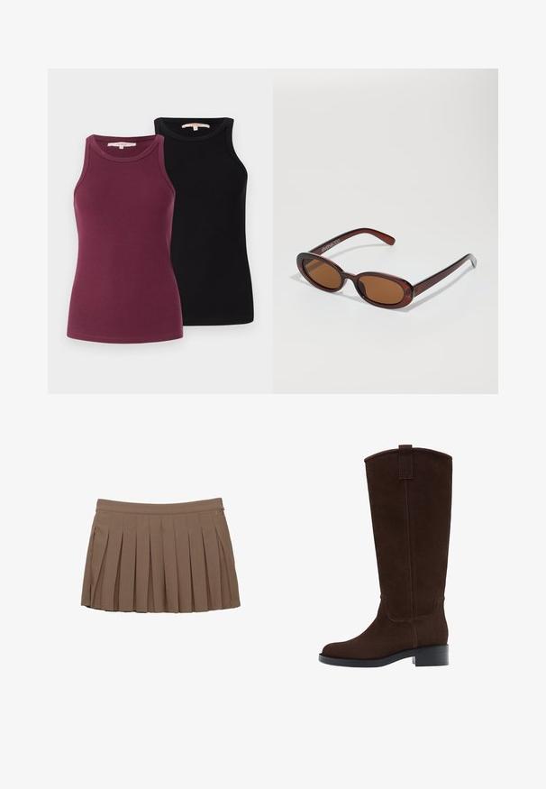 To ribbede toppe i burgunderrød og sort. De har runde halsudskæringer og er designet til en tætsiddende silhuet. Glat tekstur.; Brun plisseret mini-nederdel med en talje og diskret logo-detalje på en hvid baggrund.; Brune ruskind over knæ støvler med en rund tå, diskrete syninger og en lav blokhæl; har en pull tab øverst for nem på- og aftagning.; Runde, bruntonede solbriller med en glansfuld bordeauxramme. Slanke arme med diskret brandingdetalje. Flad linsedesign.; Brun vævet læderhandbag med en slasket, trekantet form. Har et flettet håndtag og en lynlåslukning langs toppen.
