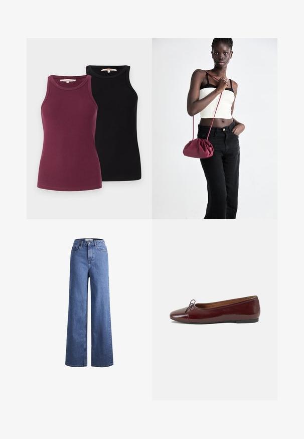 To ribbet tanktopper i burgunder og svart. De har runde utringninger og er designet for en tettsittende silhuett. Glatt tekstur.; Lyseblå denim vide benbukser med høy midje, to frontlommer og synlig søm. Har knapp- og glidelås-lukking.; Burgunderrød lakk lær ballettleilighet med rund tå, liten sløyfe foran og en lav, svart gummisåle. Glatt tekstur.; Burgunderfarget myk stoffhåndveske med en samlet design og en lang stropp, båret som en crossover. Modellen har på seg en hvit crop-top og svarte jeans.